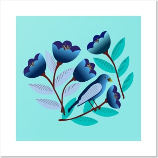 Blue bird and tulips Posters and Art